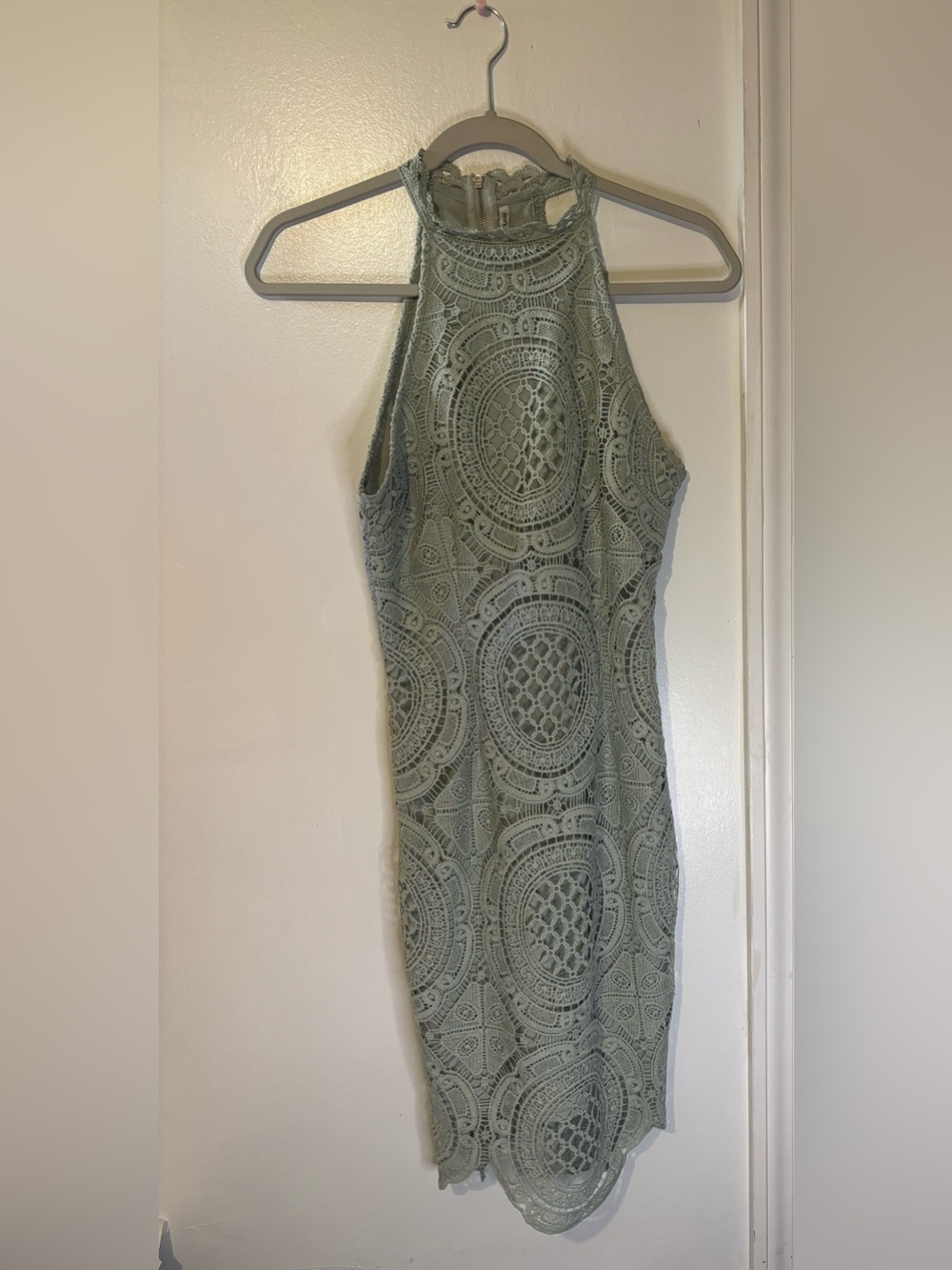 Lace Halter Bodycon Dress in Sage Green